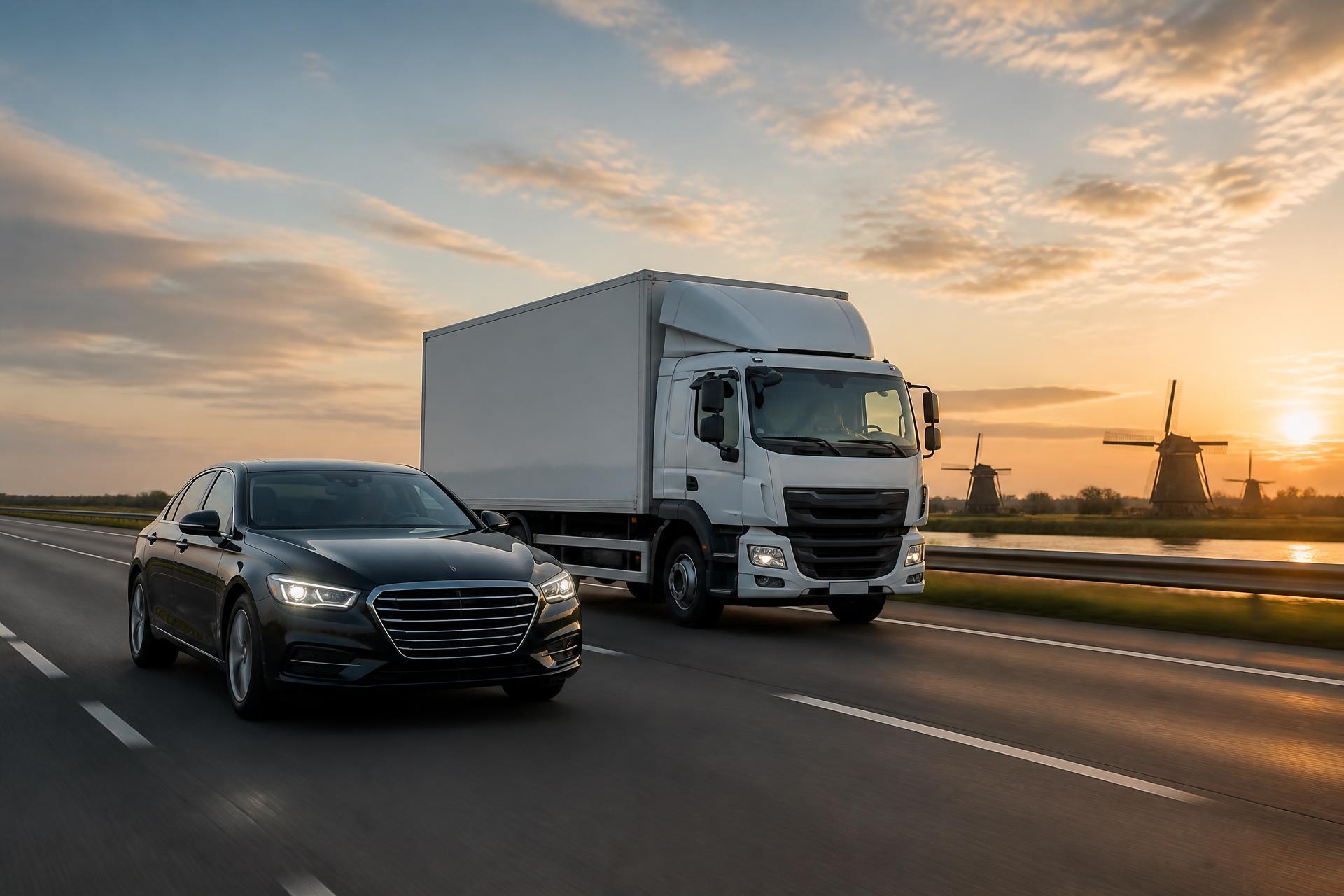 Taxi en vrachtwagen van Amstel Delta Services rijden naast elkaar op een Nederlandse snelweg tijdens het gouden uur